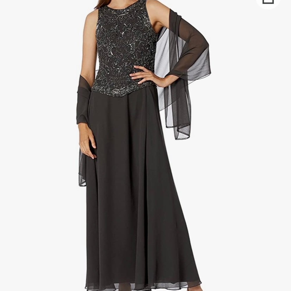 J Kara Grey Sleeveless Beaded Pop Over Dress w. Scarf